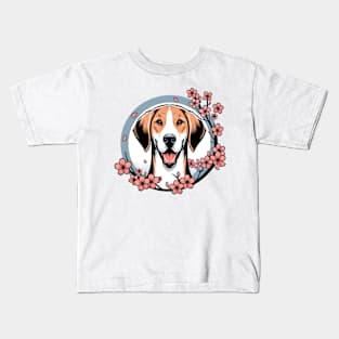 American Foxhound Enjoys Spring with Cherry Blossoms Kids T-Shirt